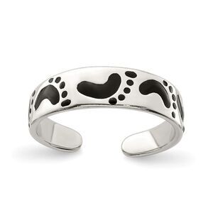 Black Enameled Footprints Toe Ring in Sterling Silver